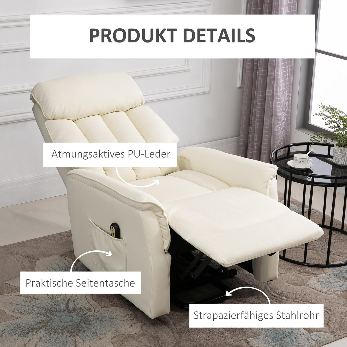 SESSEL mit Aufstehhilfe Kunstleder Beige - Beige, Kunststoff (94/104/80cm) - HOMCOM