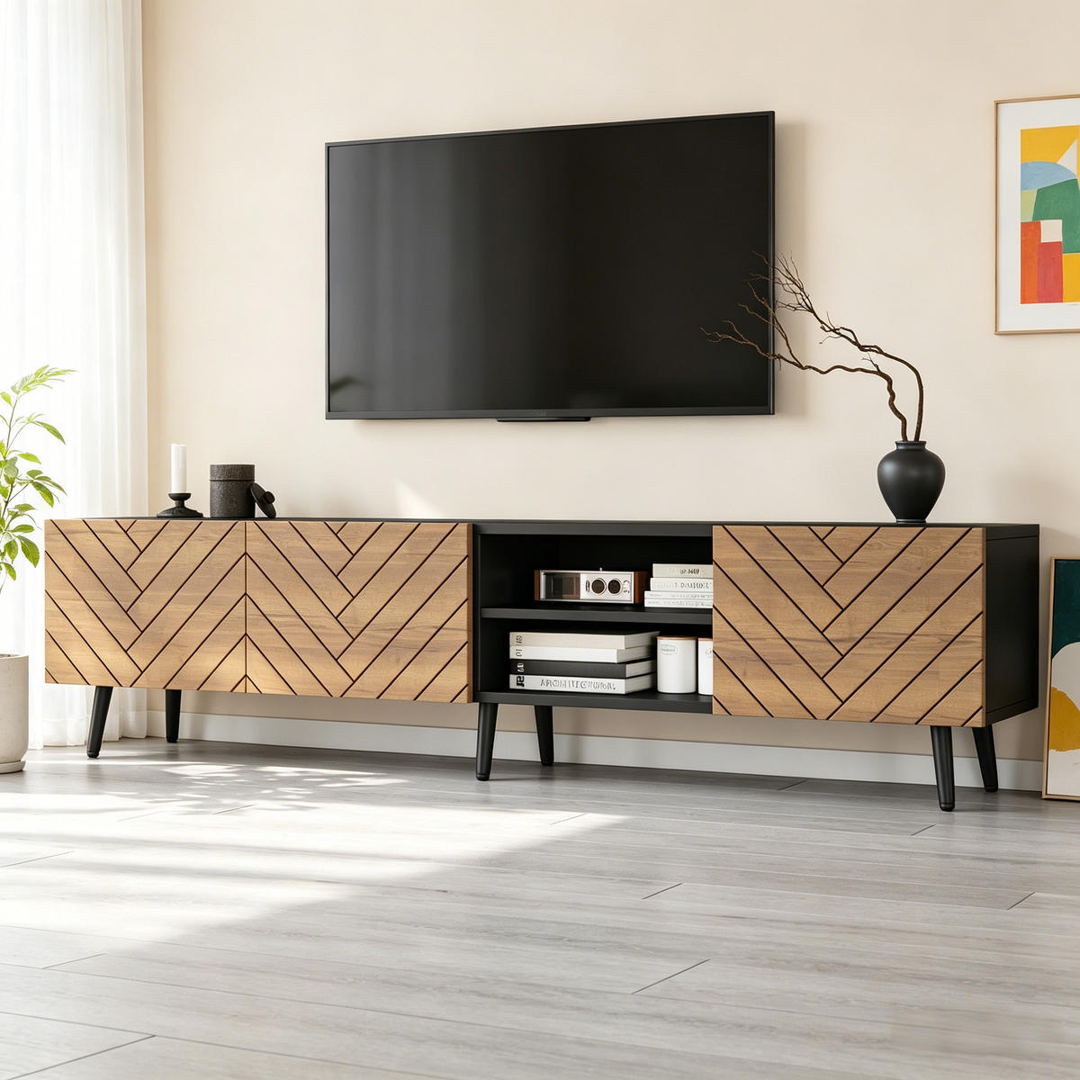 LOWBOARD TV-Schrank 180/33,5/45 cm für 75 Zoll Holzoptik Vintage mit Stauraum & Kabelmanagement - Naturfarben, Holzwerkstoff (180/45/33.5cm) - EVRYAE