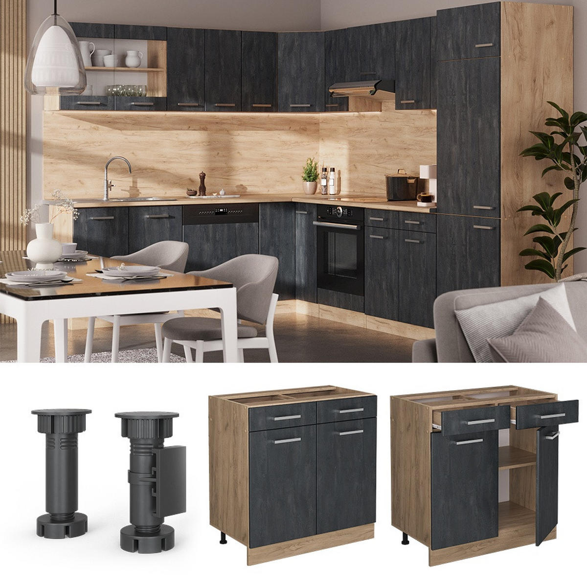 KÜCHENUNTERSCHRANK R-Line Schwarz Beton 80 cm AP Anthrazit - Honigeiche/Schwarz, Holzwerkstoff (80/81.6/60cm) - Vicco
