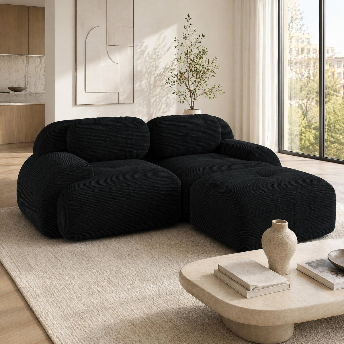 ECKSOFA in Schwarz aus Cord mit geschwungenen Armlehnen - Schwarz, Textil (178/208cm) - Flora Grace