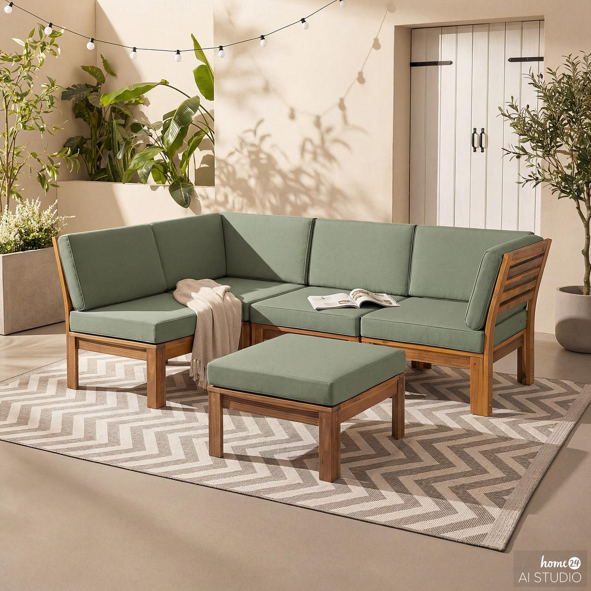 LOUNGEHOCKER - Webstoff / Akazie massiv - Olivgrün, Holz/Textil (60/38/60cm) - home24