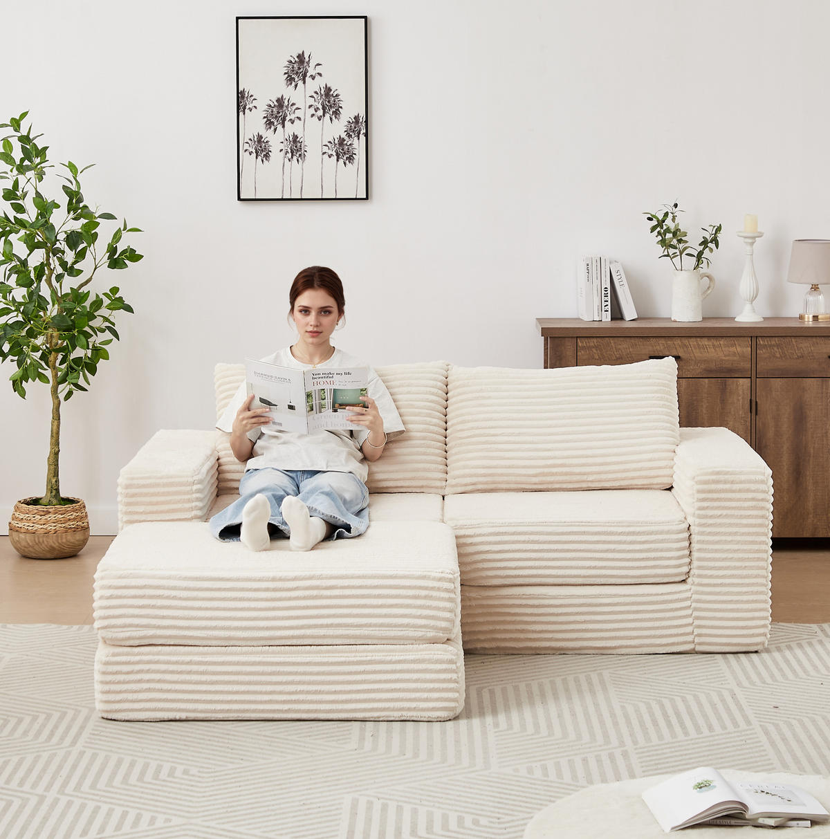 SOFA-BETT modular mit beweglicher Fußstütze Cord Beige - Beige, Kunststoff (169.5/194cm) - Meubliv