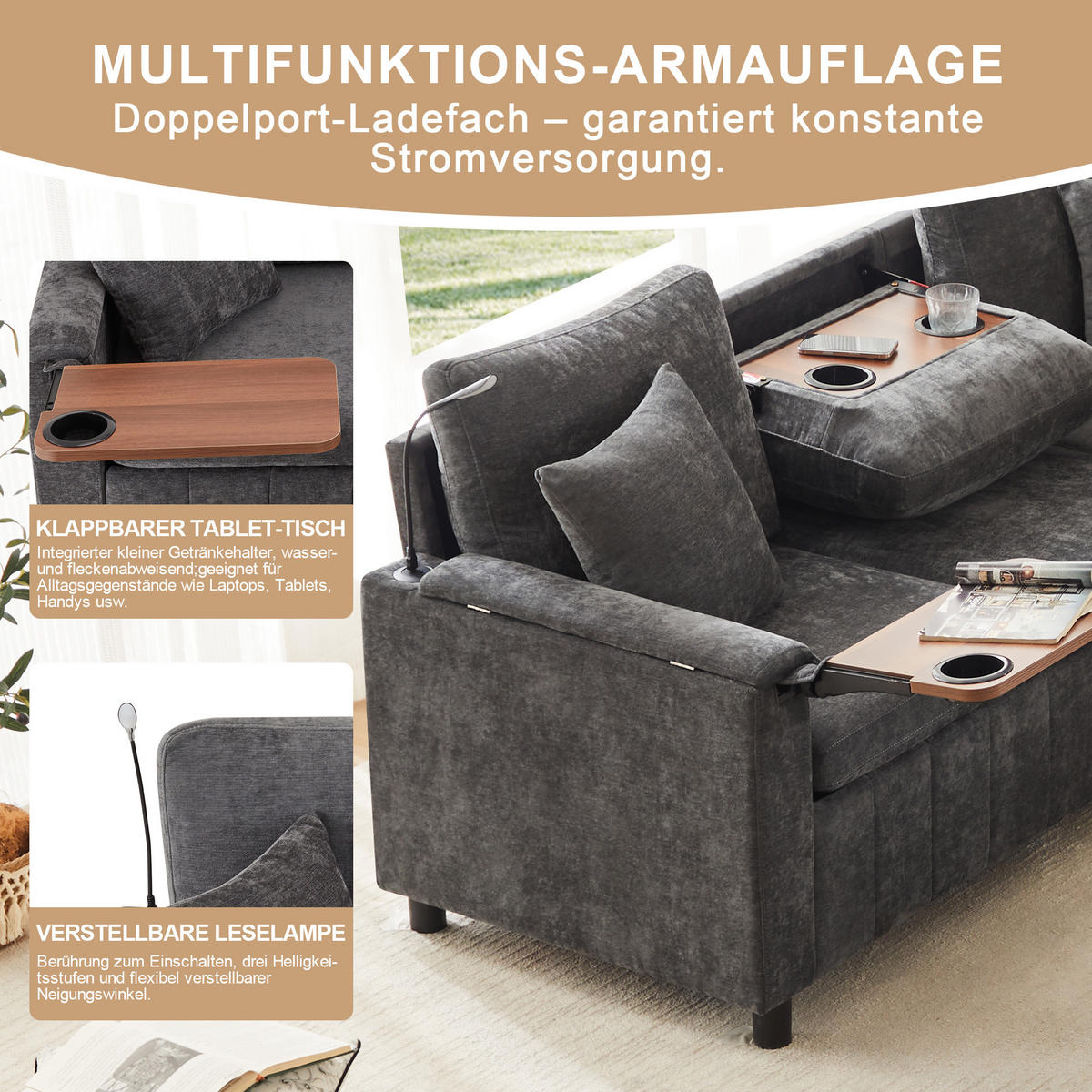 SOFA Grau Ecksofa Chenille Schlaffunktion USB Couchtisch 205cm - Grau, Textil (205/85/205cm) - FLIEKS