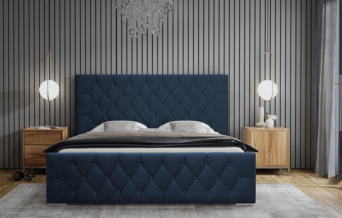 POLSTERBETT Bett Mona I gepolstert langlebig, modernes Design, geräumiger Bettkasten, pflegeleichter Stoff 140x200 cm, marineblau - Schwarz/Dunkelblau, Holzwerkstoff/Kunststoff (140/200cm) - DomoHome