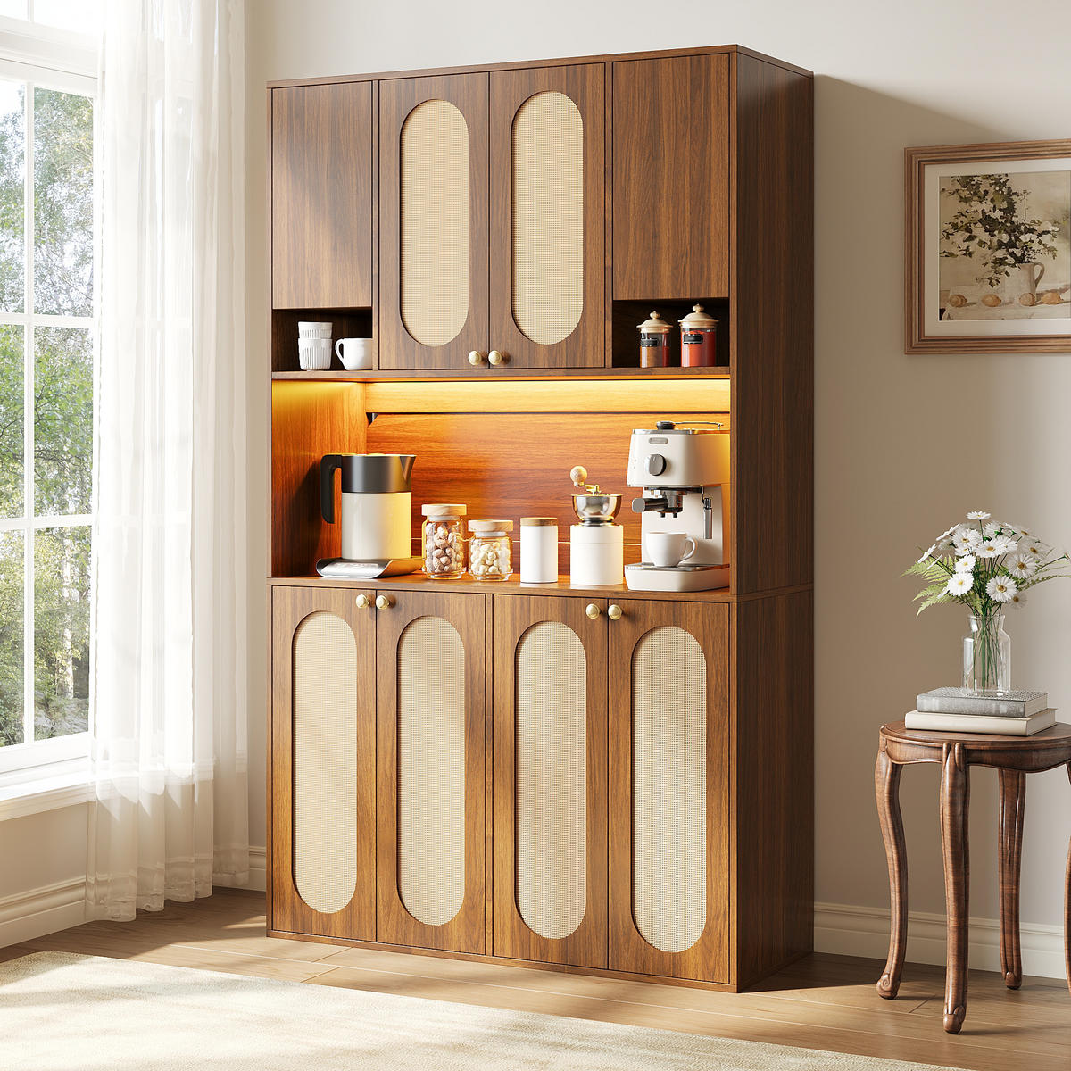 BUFFET Hoch mit PE-Rattan, LED-Beleuchtung und großem Stauraum - Nussbaumfarben, Holzwerkstoff (40/178/106cm) - Korfee