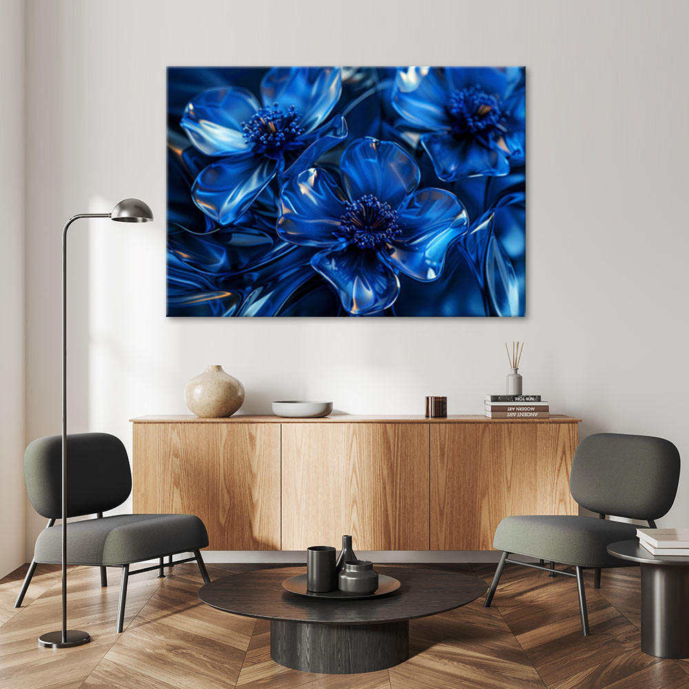 LEINWANDBILD Blaue Glasblumen 3D Makro 100x70cm - Blau, Textil (100/70cm) - Feeby
