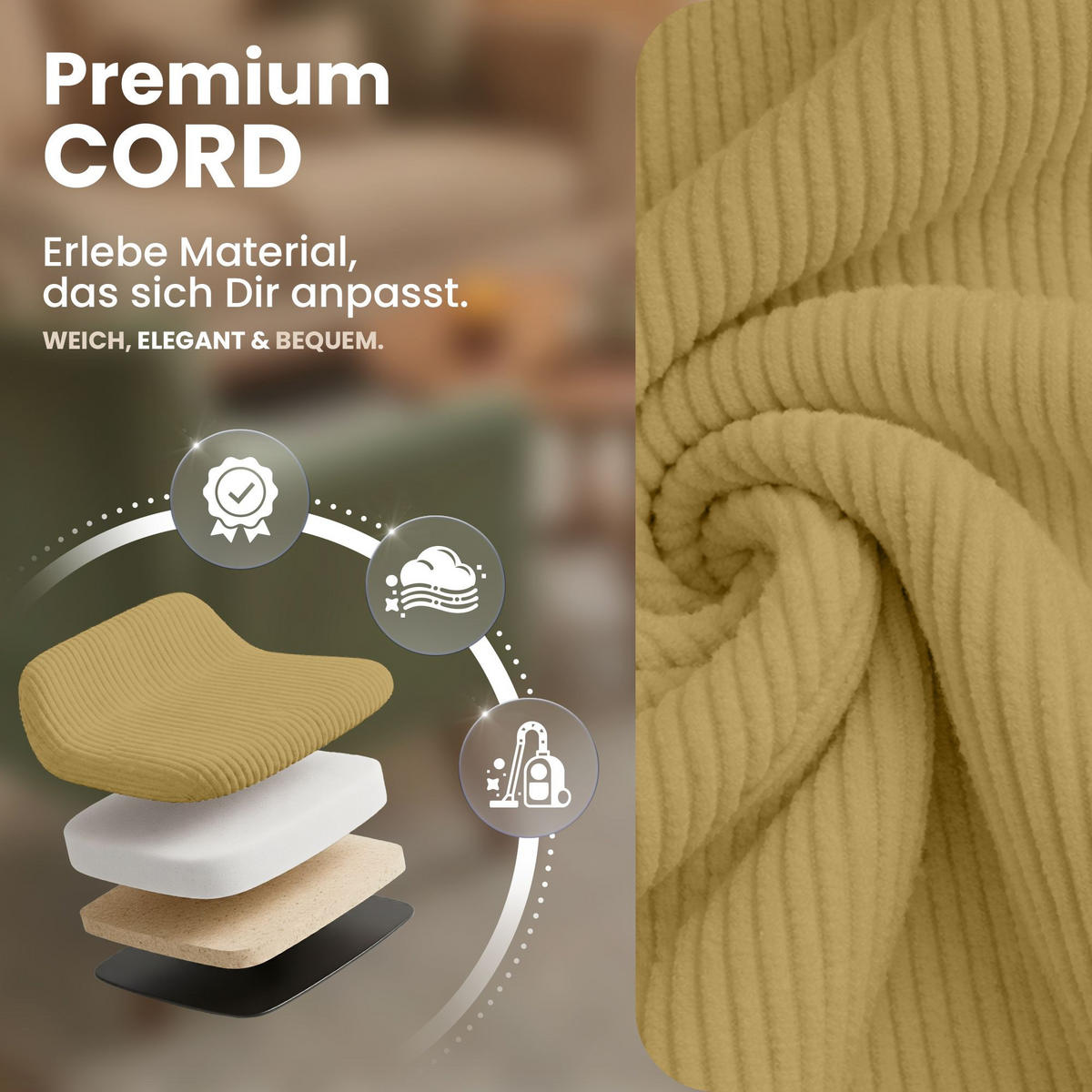 STUHL Cord Gelb - Eukalyptusholzfarben/Gelb, Holz/Textil (49/83/50cm) - CLP