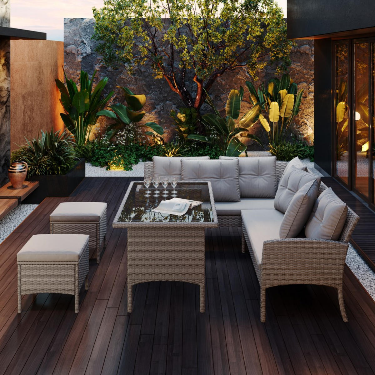 LOUNGEGARNITUR für 7 Personen mit mit Sofa, Tisch, Hocker & Kissen，Farbe Khaki - Cappuccino, Textil - KOMHTOM