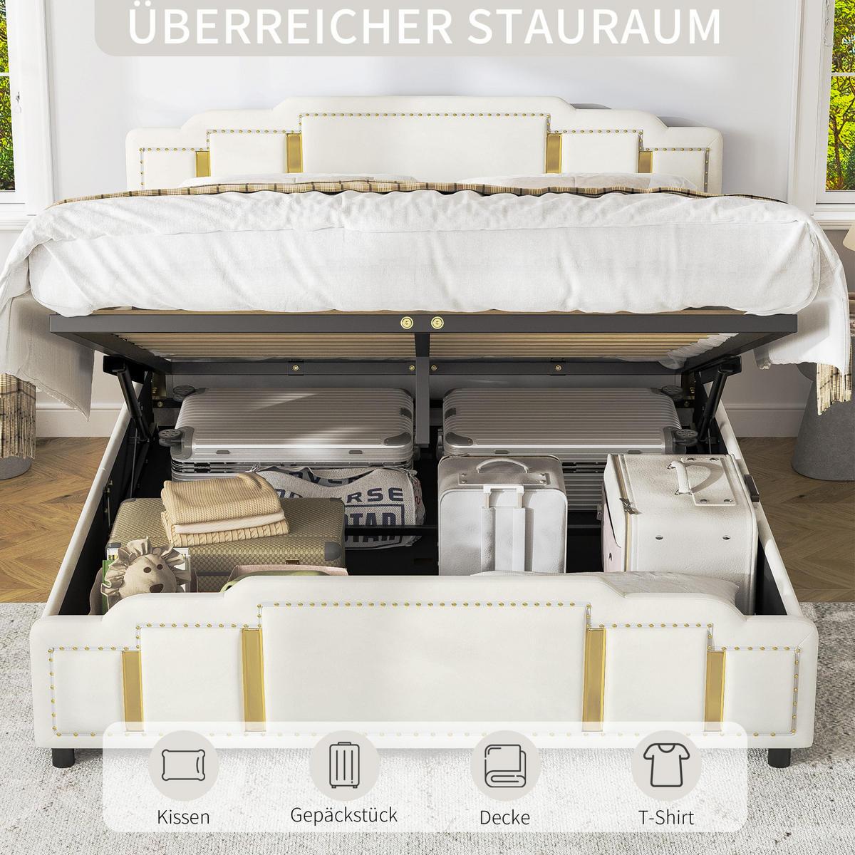 POLSTERBETT 140/200 cm mit LED-Beleuchtung, hydraulischem Bettkasten und Samtbezug, Beige - Beige, Textil (140/200cm) - Redom