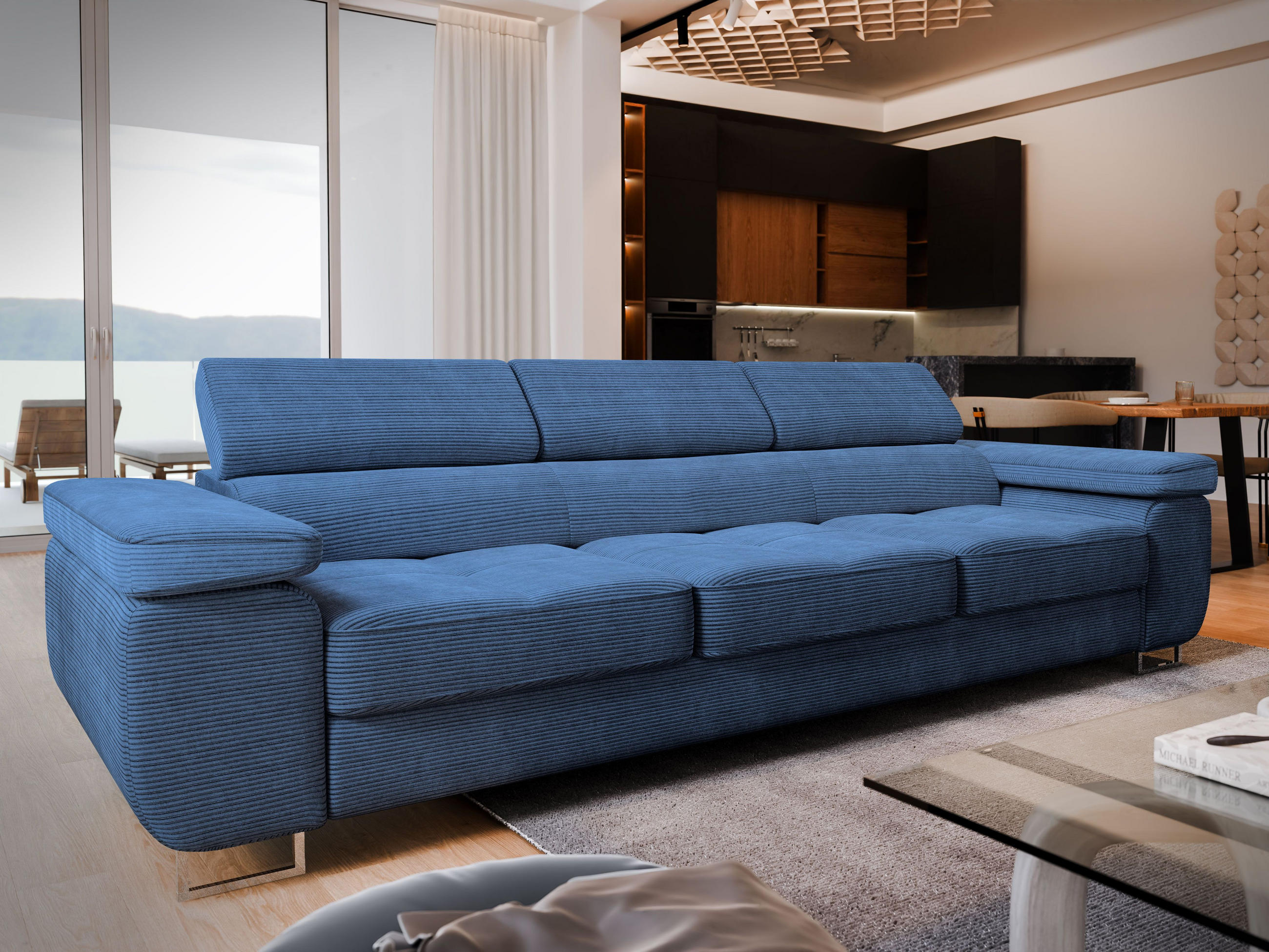 BETTSOFA MOSINE Blau Kordstoff mit Schlaffunktion - Blau, Textil (281/87/98cm) - MASSENO