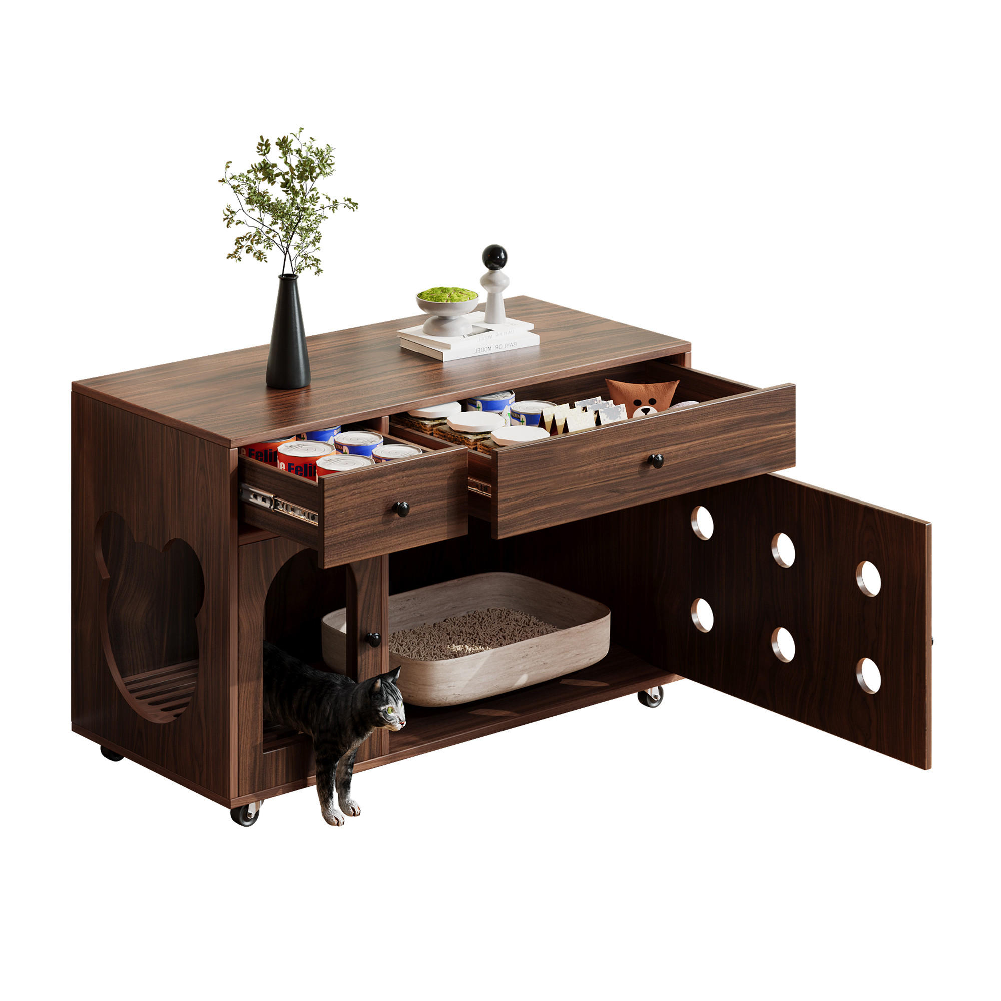 SIDEBOARD Nussbaumfarbe aus MDF 100×45×66cm als Katzenkloschrank mit Sandauffangplatte und Schubladen - Nussbaumfarben, Holzwerkstoff (45/66/10cm) - Luhomfu