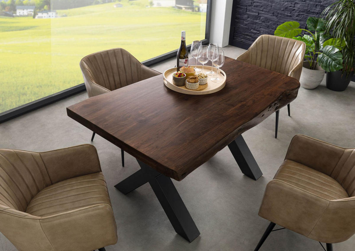 BAUMTISCH Akazie 140x90x77 braun lackiert / X-Beine anthrazit matt FREEFORM 5 - Anthrazit/Braun, Holz (140/90/77cm) - Massivmoebel24