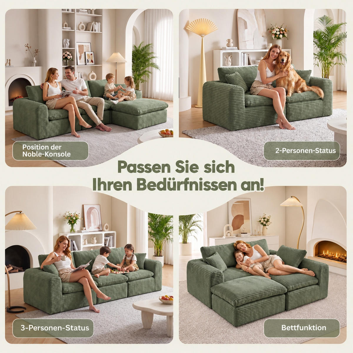 ECKSOFA 280/180/65 cm Grün Cord mit 1 Fußhocker - Grün, Textil (180/280cm) - Oxeza