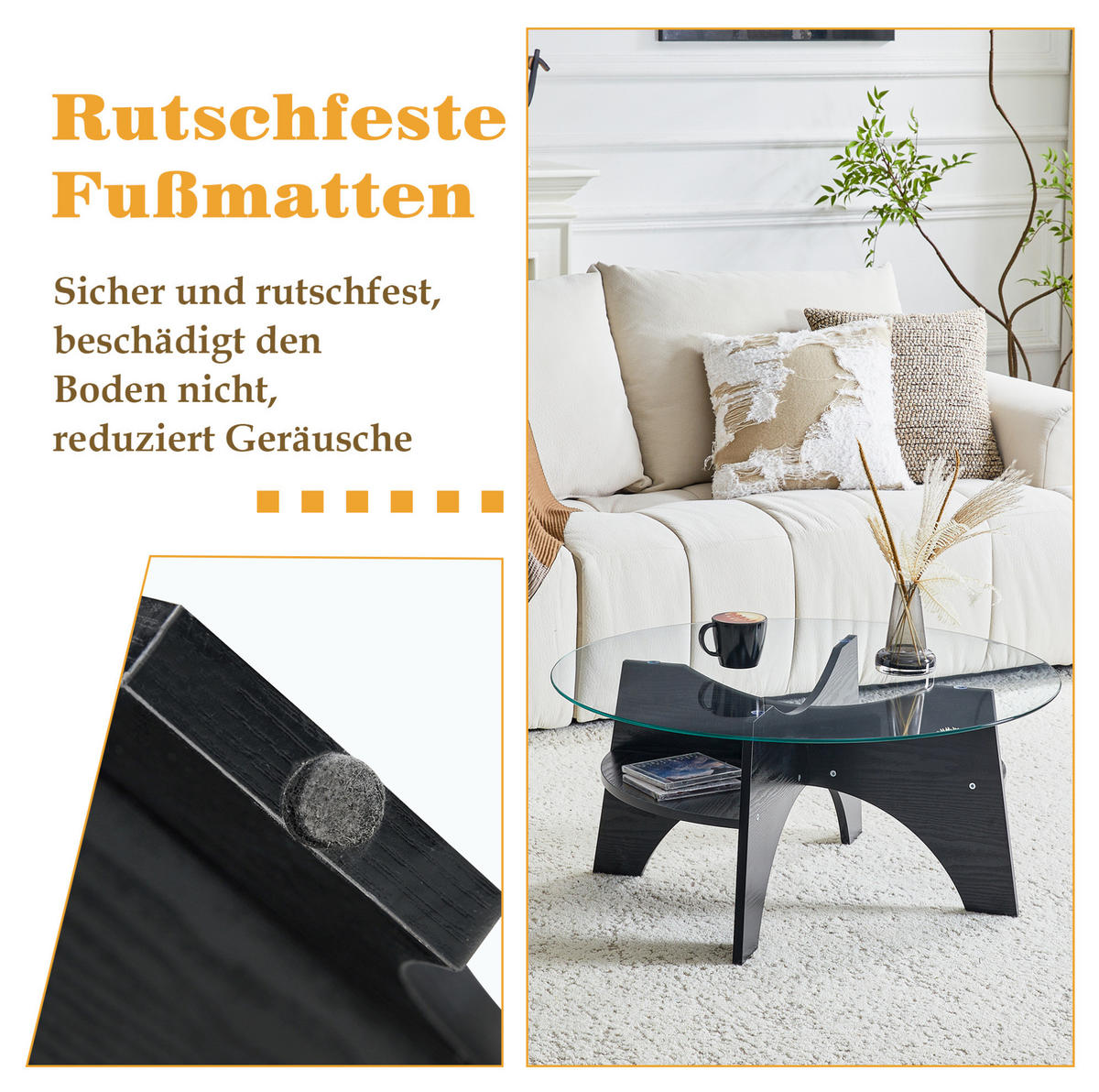 BEISTELLTISCH Ø 80/36 cm aus Sicherheitsglas mit fächerförmigem MDF-Gestell, Schwarz/Transparent - Schwarz, Holzwerkstoff (80/80/36cm) - Redom