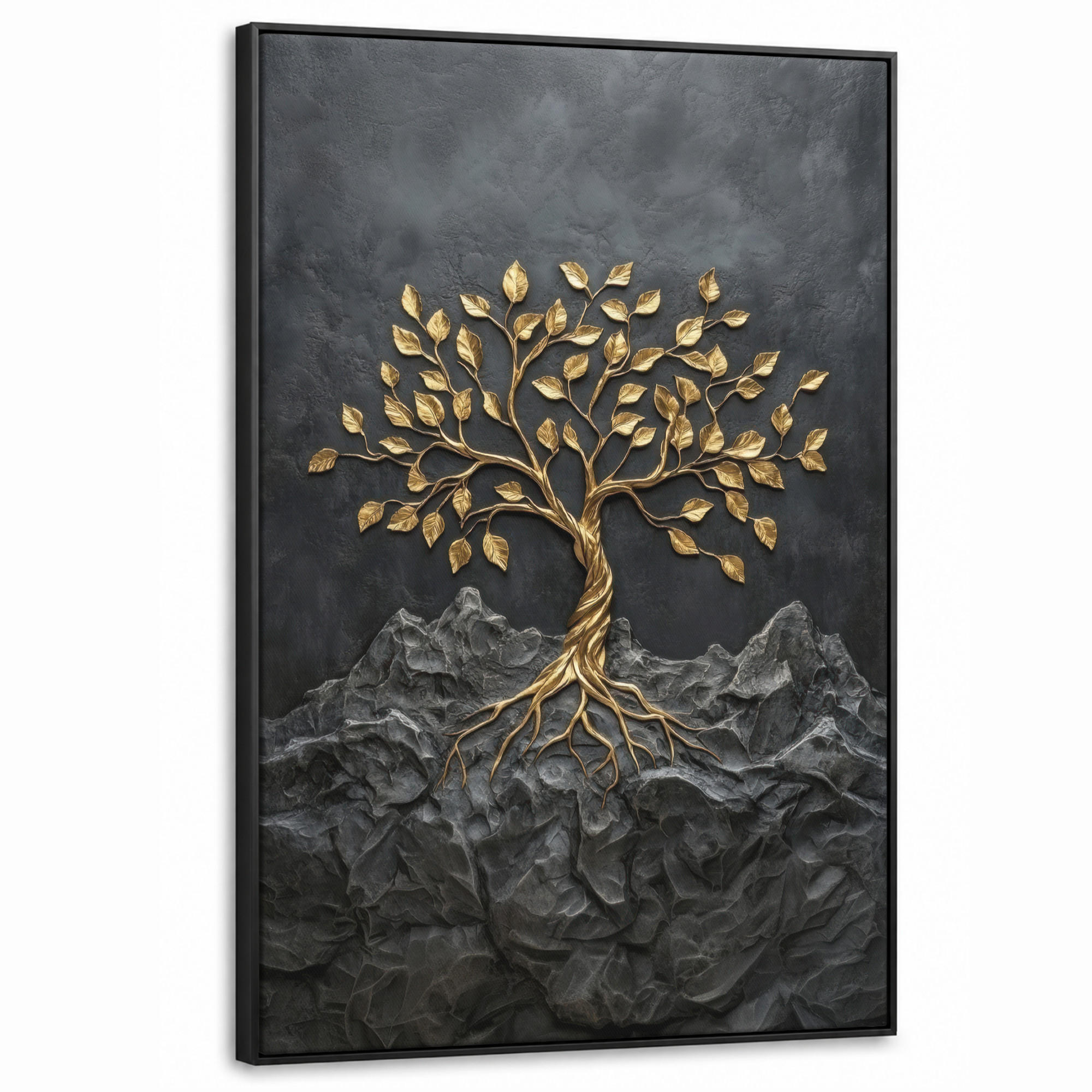 LEINWAND Bilder mit Rahmen - Blätter - Gold - Baum - Fels - 100x150 - Schwarz, Textil (100/150cm) - MuchoWow