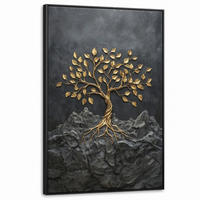 LEINWAND Bilder mit Rahmen - Blätter - Gold - Baum - Fels - 100x150 - Schwarz, Textil (100/150cm) - MuchoWow