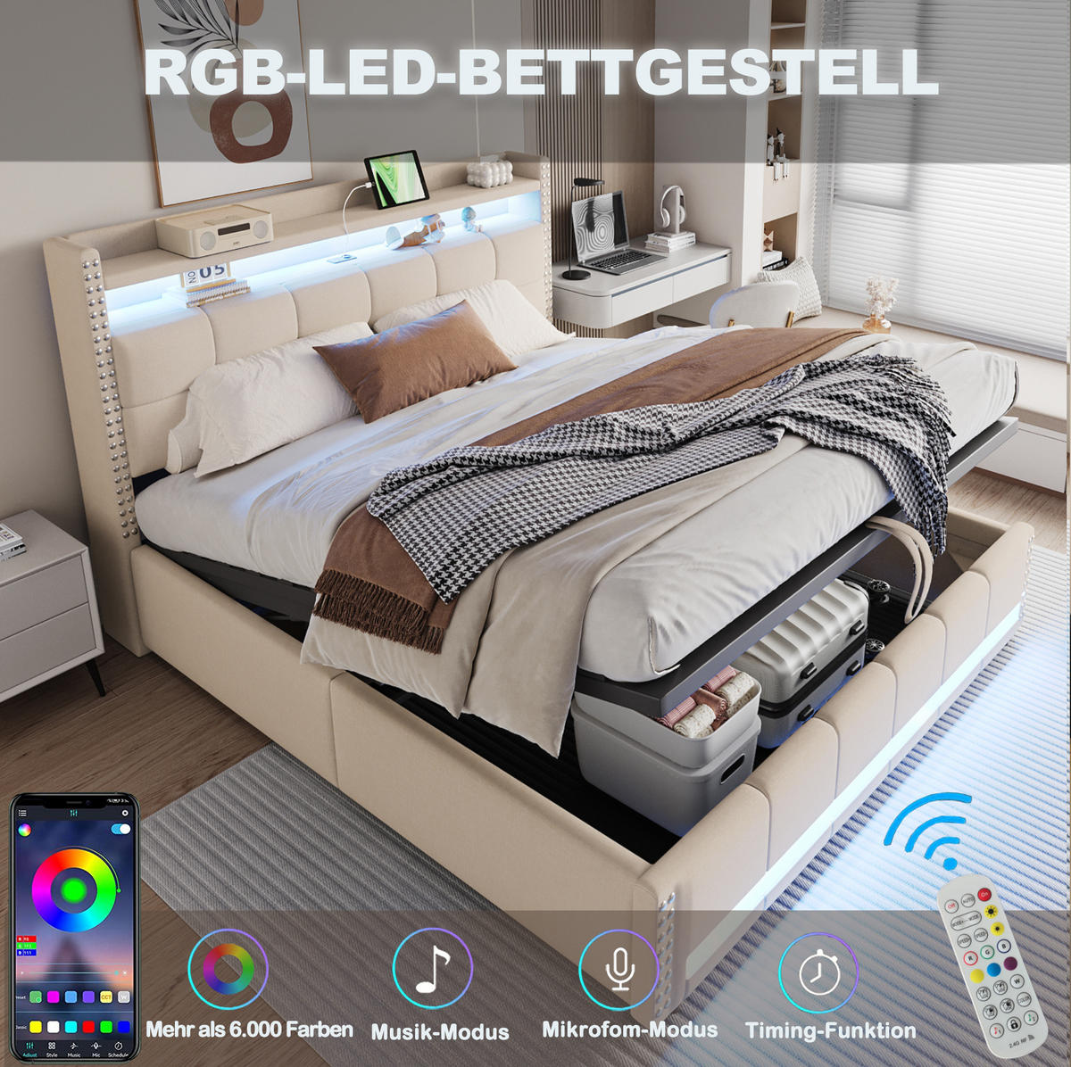 POLSTERBETT 180/200 cm Beige mit LED-Beleuchtung, USB-Steckdose und Stauraum - Beige, Textil (180/200cm) - Flora Grace