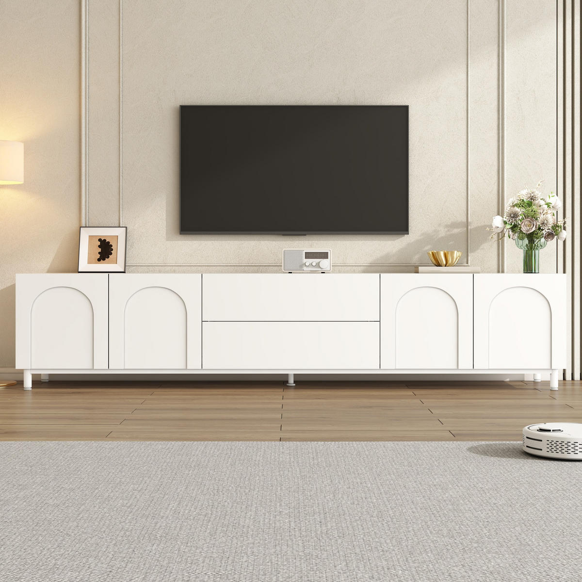 TV-SCHRANK 4 Türen 2 Schubladen Bogen Türen Modern - Weiß, Holzwerkstoff (180/48/40cm) - FLIEKS