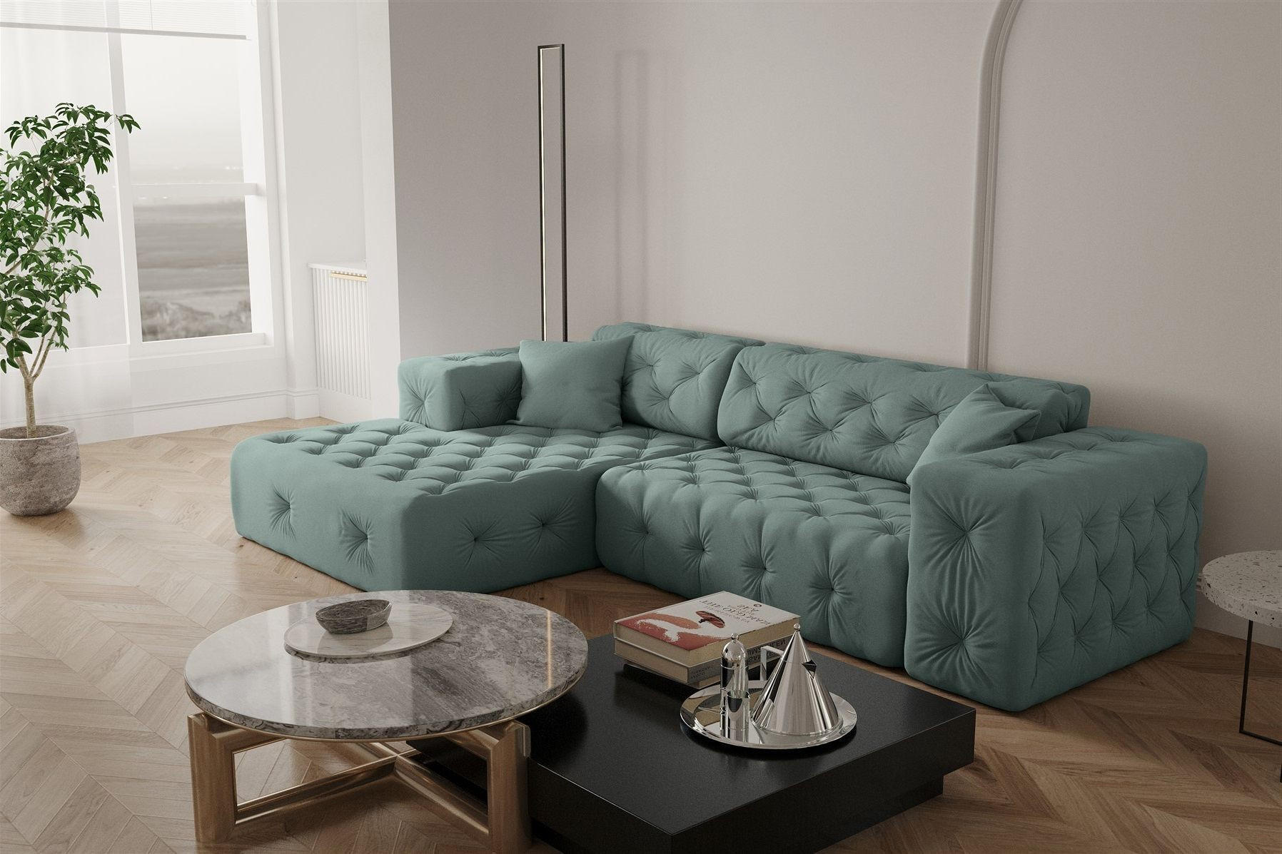 ECKSOFA Chantal - Salbeigrün, Holzwerkstoff/Textil (266/171cm) - Fun Möbel