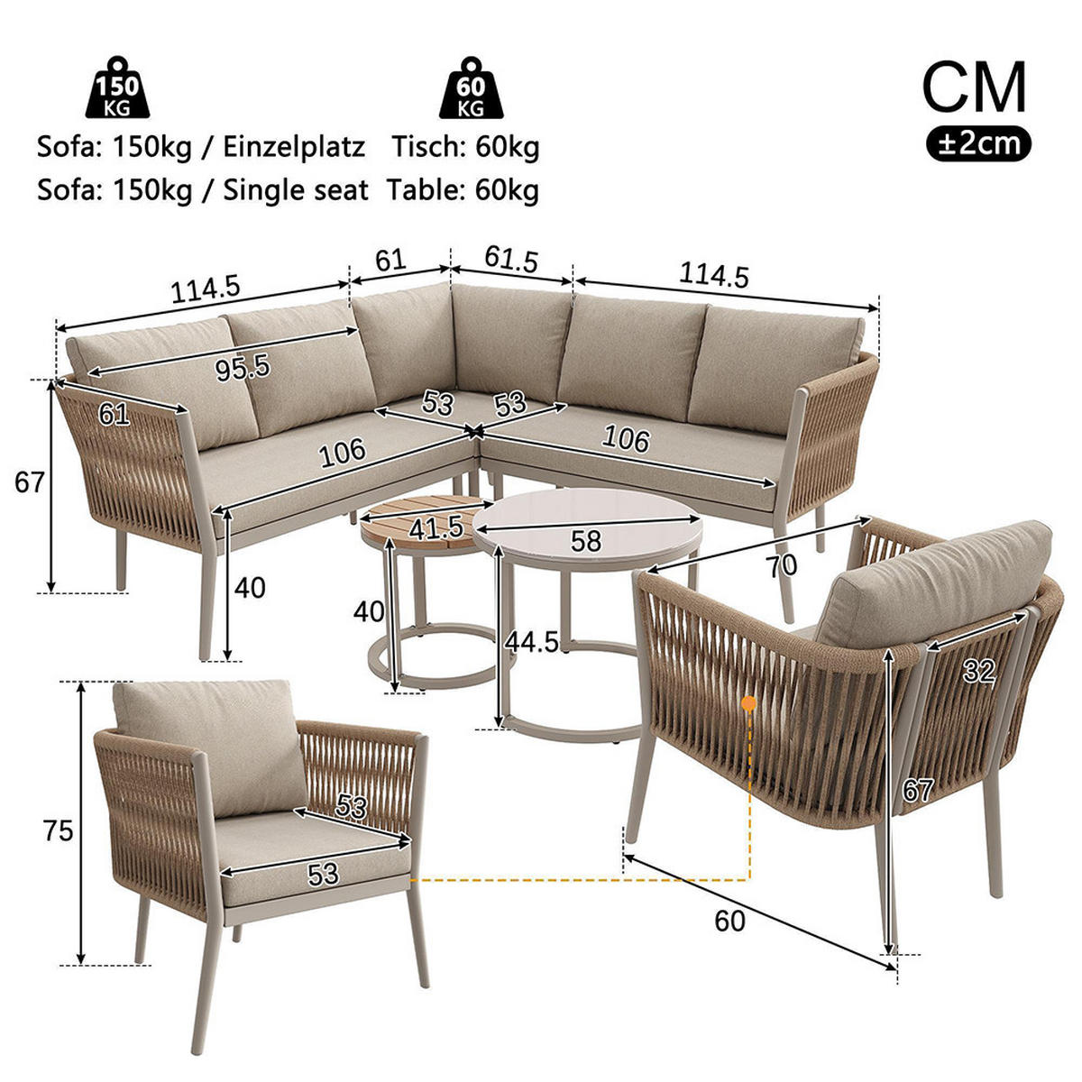 GARTENMÖBELSET 6-teiliges PE-rattan Sitzgruppe in Beige - Beige, Metall