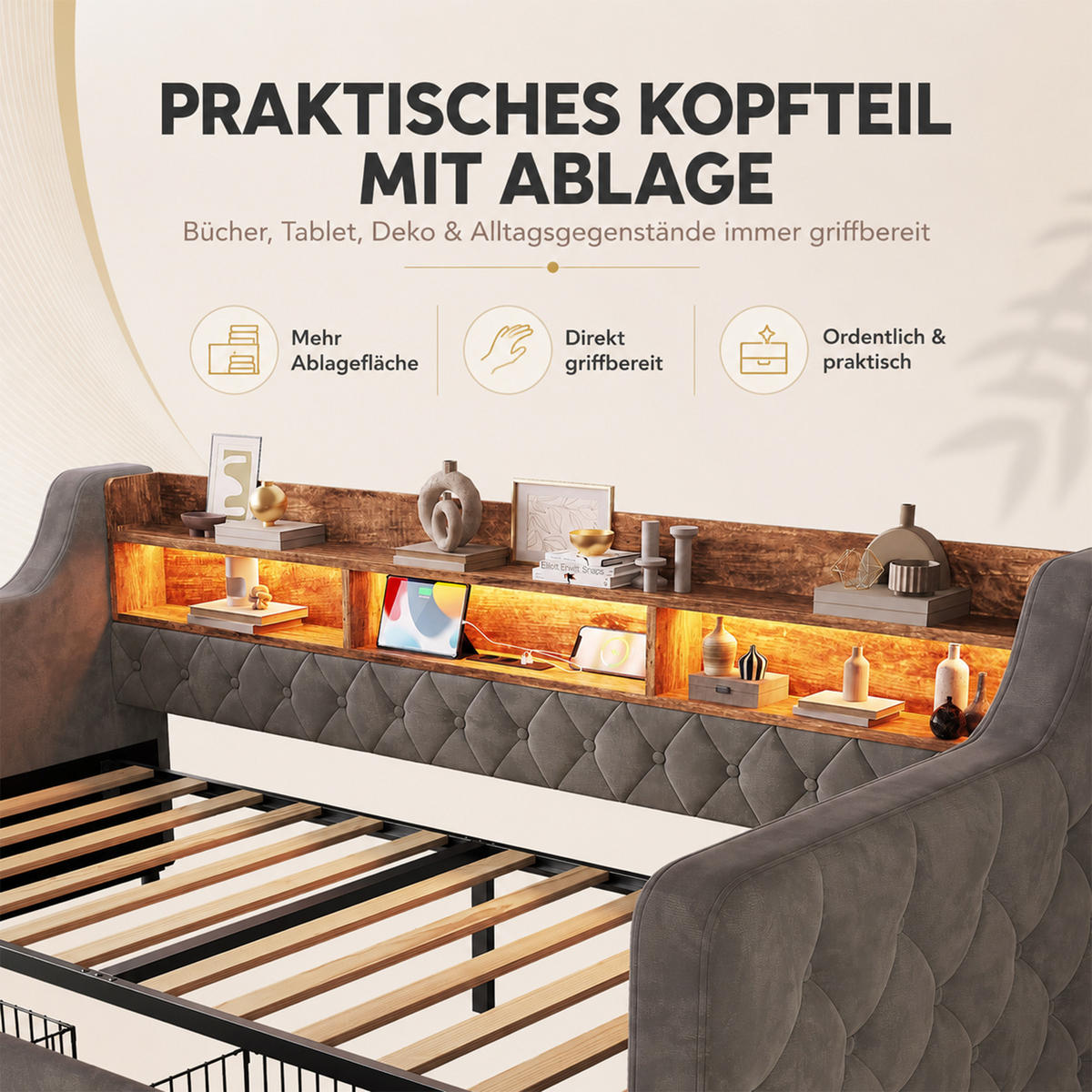 TAGESBETT 90/190 mit Schubladen & Regal, USB-C Ladeanschlüsse/LED, Samt, Dunkelgrau - Dunkelgrau, Holz (90/190cm) - LVHOM