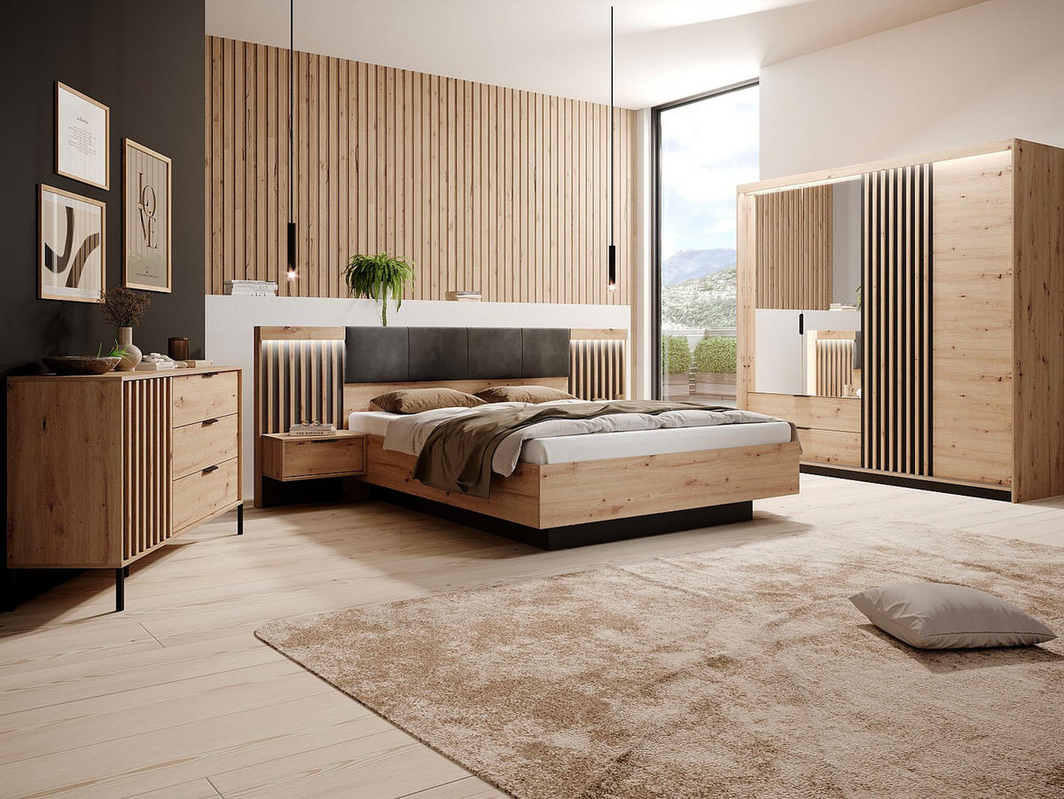 BETT mit Bettkasten - 2 Personen - Holz, Platte - Schwarz, Naturfarben Hell - - Schwarz/Naturfarben, Holz (160/200cm) - Vente-Unique