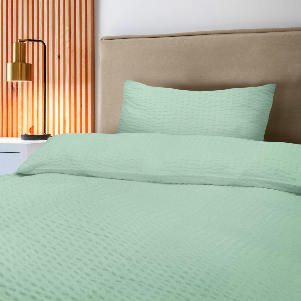 BETTWÄSCHE Meline 135/200 cm + Kissenbezug 40/80 cm Salbei Seersucker 2er - Salbeigrün, Textil (40/80cm) - Beautissu 