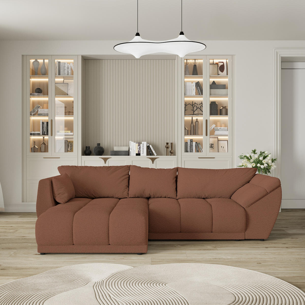 ECKSOFA ORENTI L-S Kupferfarben Boucle-Stoff mit Schlaffunktion - Kupferfarben, Holz (287/182cm) - MASSENO