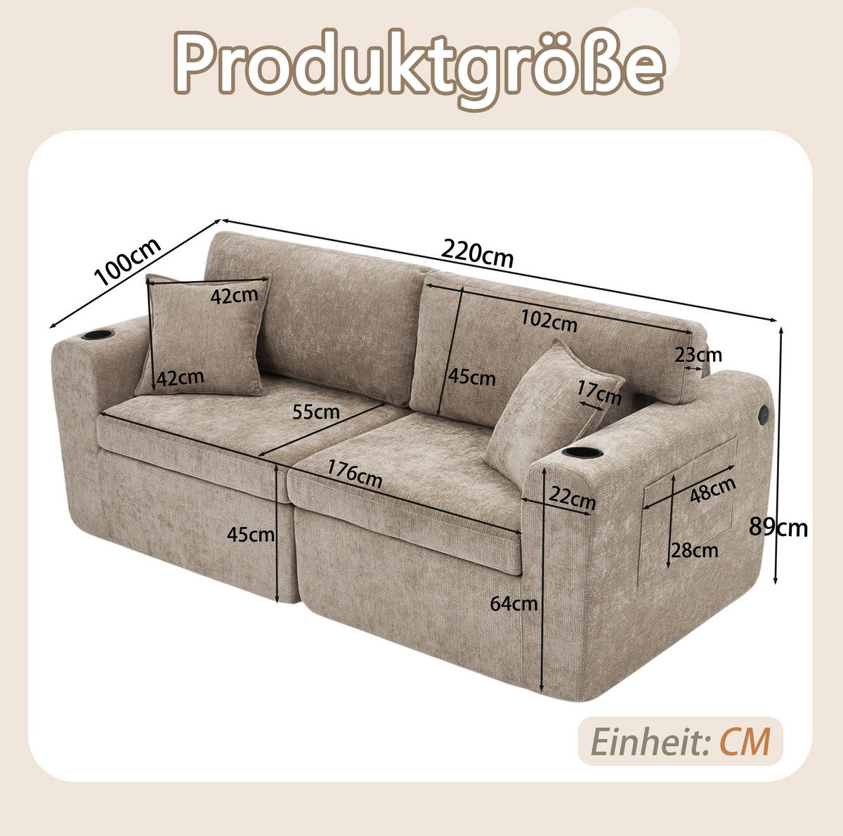 SOFA 2-Sitzer mit Getränkehalter Chenille Brown - Braun, Kunststoff (220/89/100cm) - Meubliv