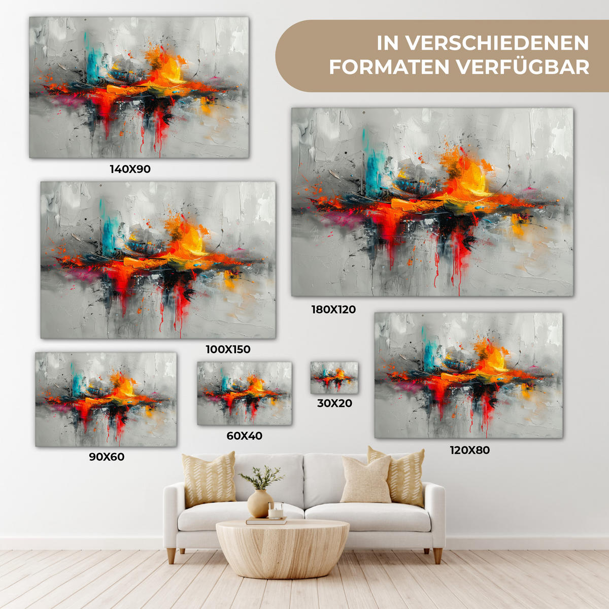 LEINWANDBILD Moderne Kunst - Orange - Grau - Abstrakt Wohnzimmer 120x80 cm - Hellgrau, Textil (120/80cm) - MuchoWow