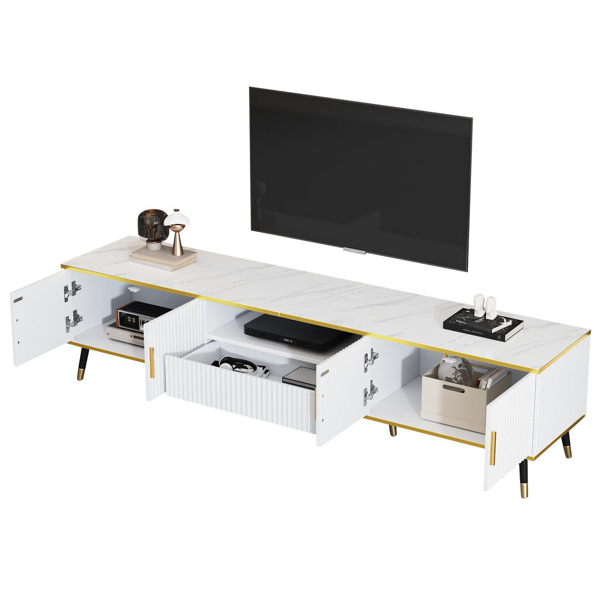 TV-BOARD aus Spanplatte 200x40x46 cm Weiß mit Kabelführung, 2 Türen, 1 Schublade und Marmoroptik - Weiß, Holzwerkstoff (200/46/40cm) - Modfu