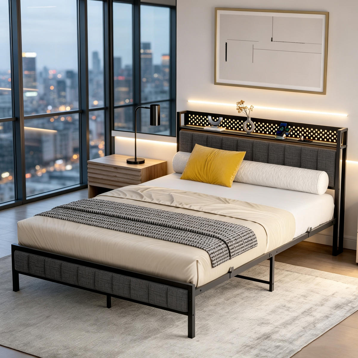 METALLBETT 140/200 cm in Schwarz mit USB-Anschlüssen und Stauraum - Schwarz, Metall (140/200cm) - OKMYHOME