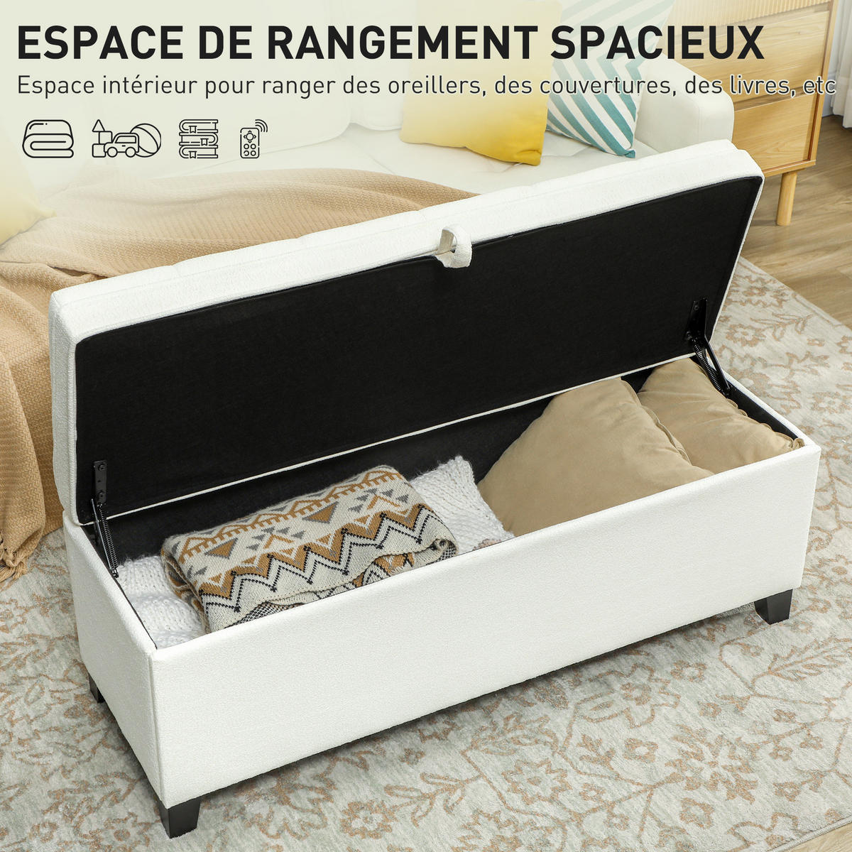 TRUHENBANK DE-16427 mit großem Stauraum (112 L) und Knopfheftung Creme - Weiß, Textil (120/48/40cm) - ComfortXL