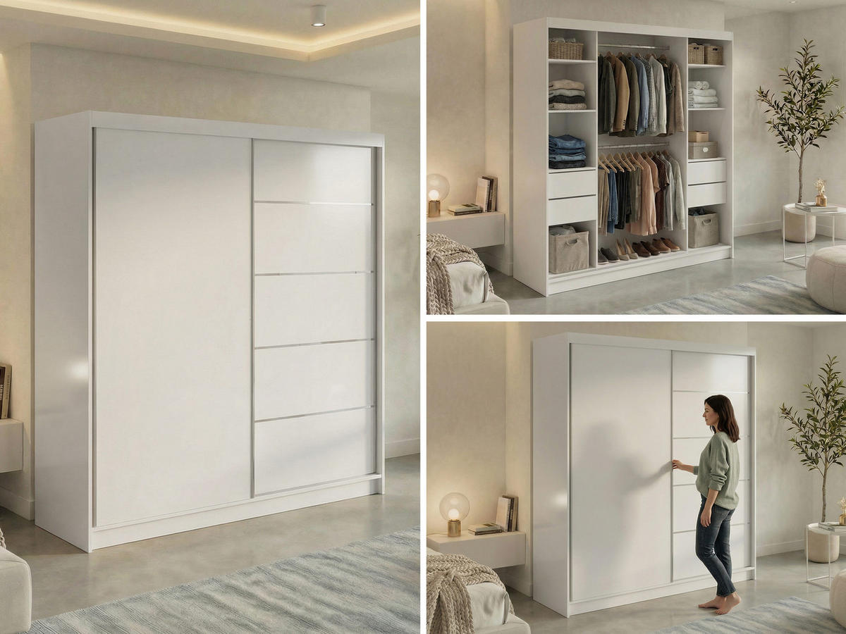 SCHWEBETÜRENSCHRANK mit Schubladen 200 - MACEDONIA - Weiß - Alufarben/Weiß, Holzwerkstoff/Metall (200/216/61cm) - MKS