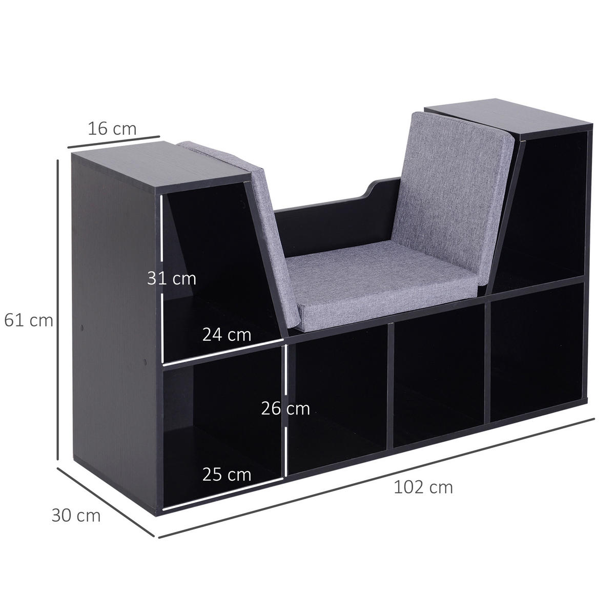 KINDERREGA DE-15481 102/30/61 cm, 6 Fächer Schwarz - Schwarz, Holzwerkstoff (102/61/30cm) - ComfortXL