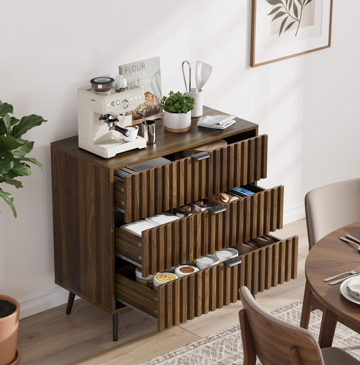 KOMMODE aus MDF 80x39x78 cm Walnussfarben mit 3 Schubladen und Metallbeinen - Walnussfarben, Holzwerkstoff (80/78/38cm) - IVMEU