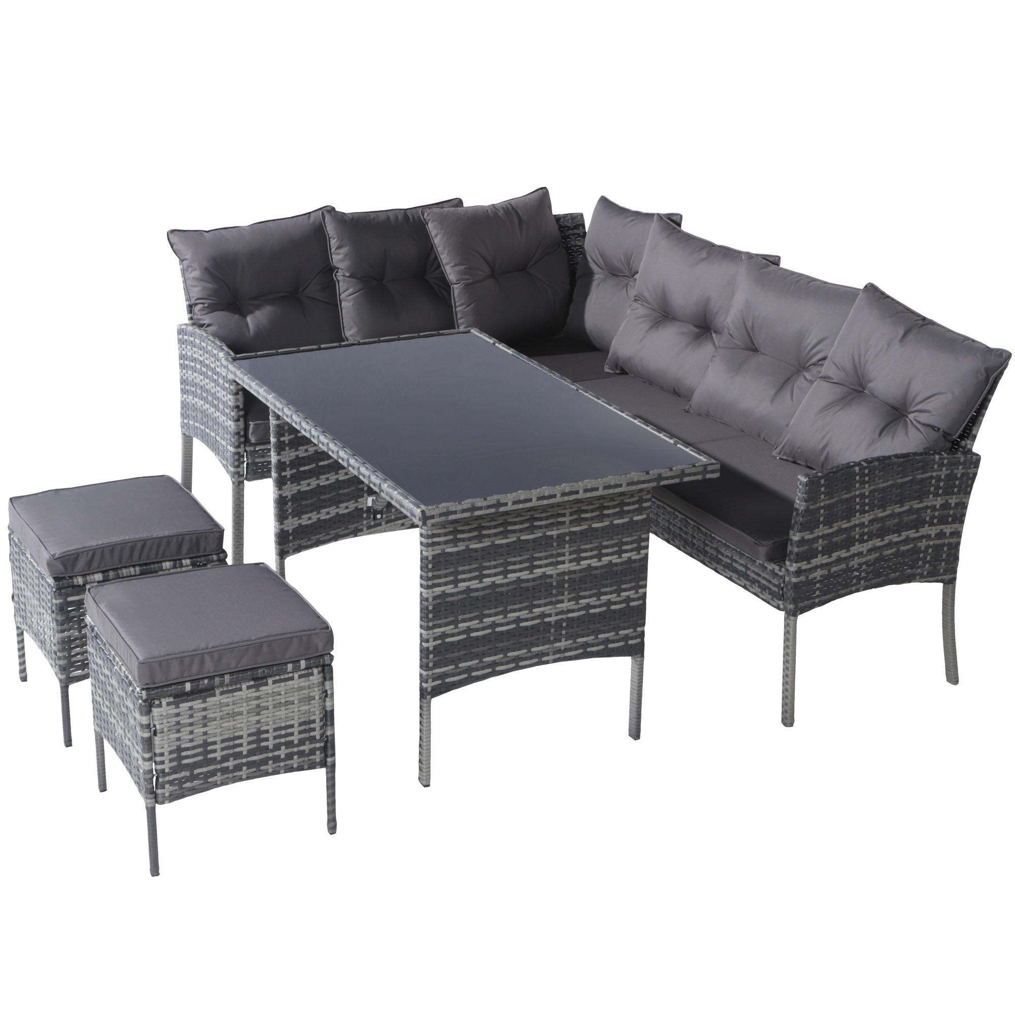 RATTAN Sitzgruppe Gartenlounge für 7 Personen mit Sofa Tisch Hocker Kissen Bezüge abnehmbar und waschbar Grau - Grau, Metall - FLIEKS