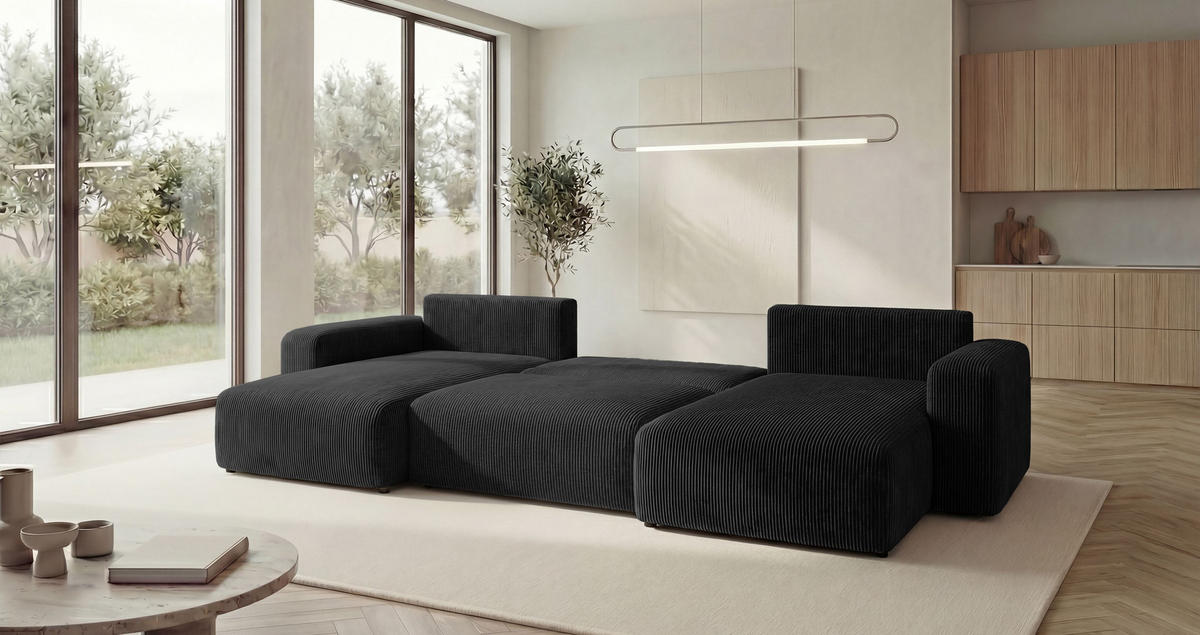 WOHNLANDSCHAFT BERLIN U-Form schwarz Cord Poso 135 - Schlaffunktion, Bettkasten - Schwarz, Textil (385/86/185cm) - Cornero