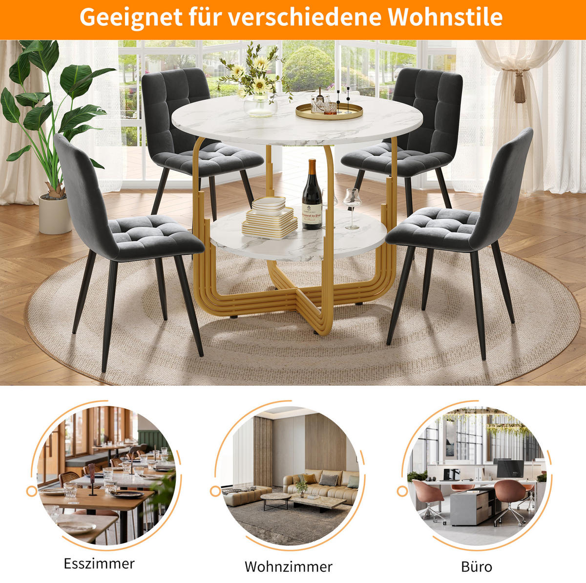 ESSTISCH rund 80/80/76 cm Gold MDF in Marmoroptik mit Ablage - Goldfarben, Holzwerkstoff (80/80/76cm) - OKWISH
