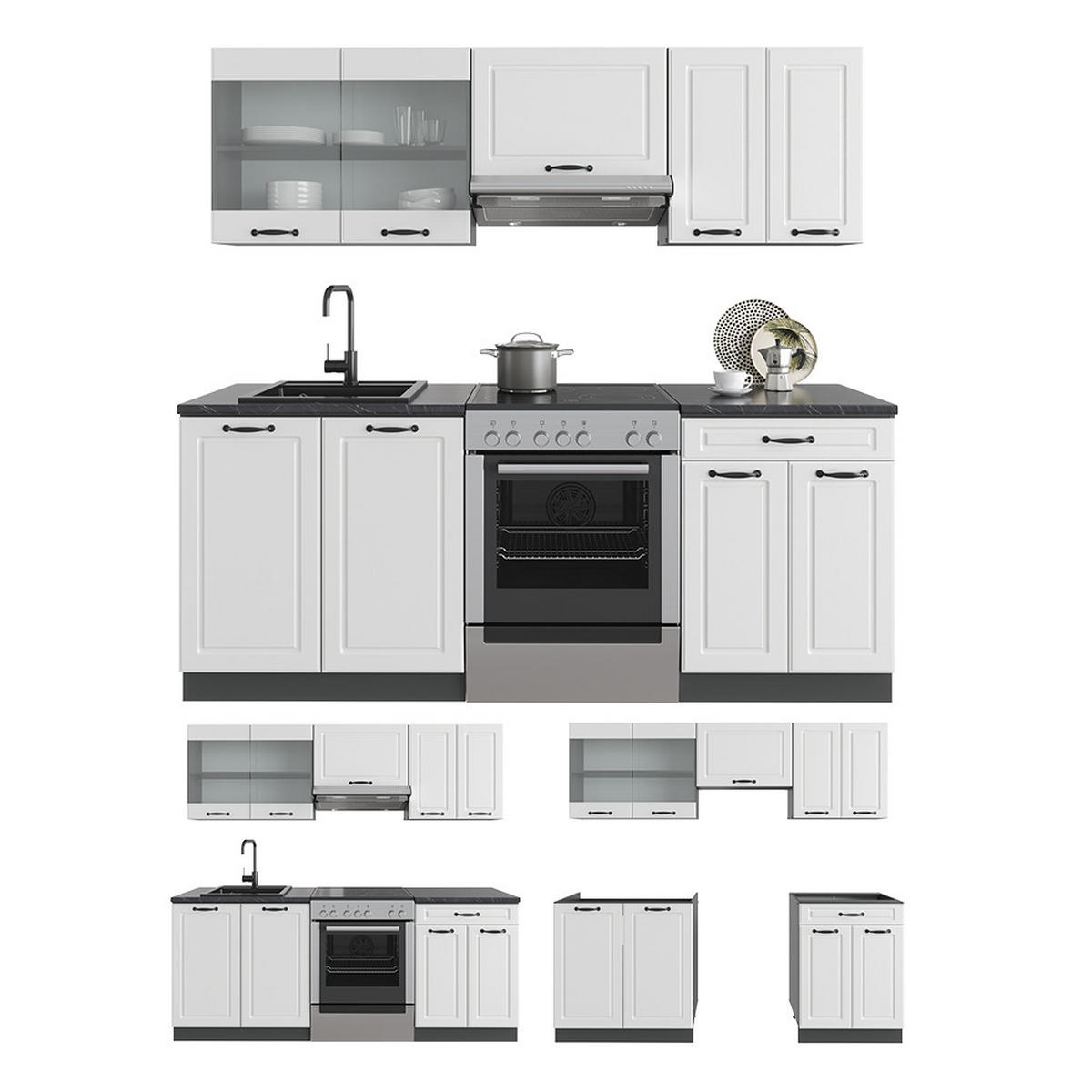 KÜCHENZEILE R-Line Weiß Landhaus/Anthrazit 200 cm, AP Marmor - Anthrazit/Creme, Holzwerkstoff (200/81.6/60cm) - Vicco
