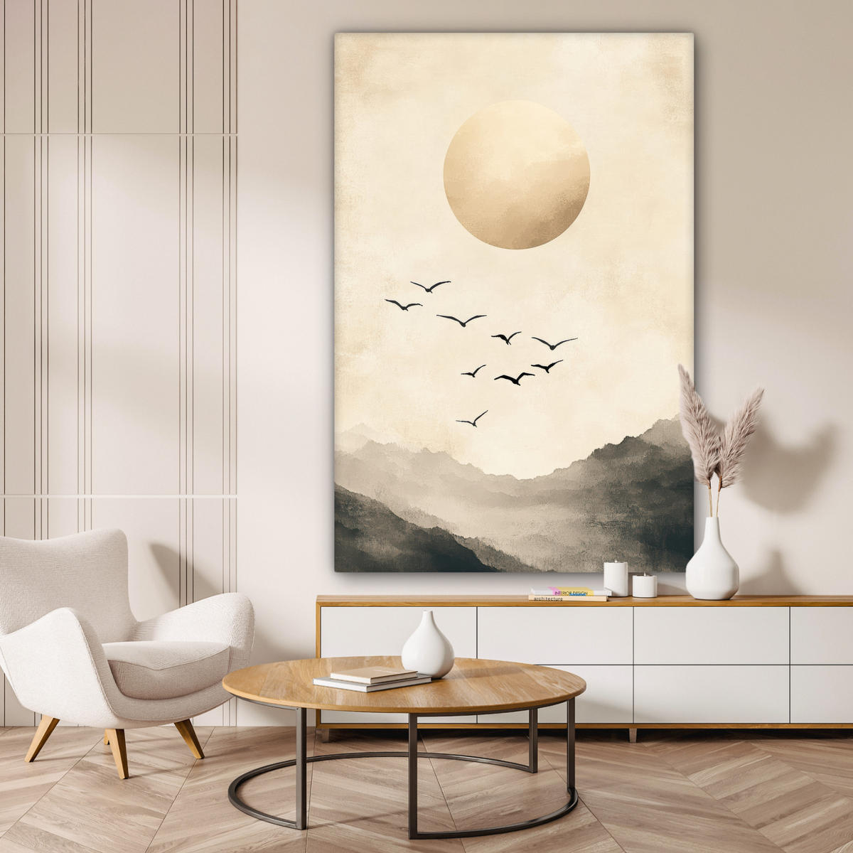 LEINWANDBILD Landschaft - Japandi - Vogel 90x140 cm - Beige, Textil (90/140cm) - MuchoWow