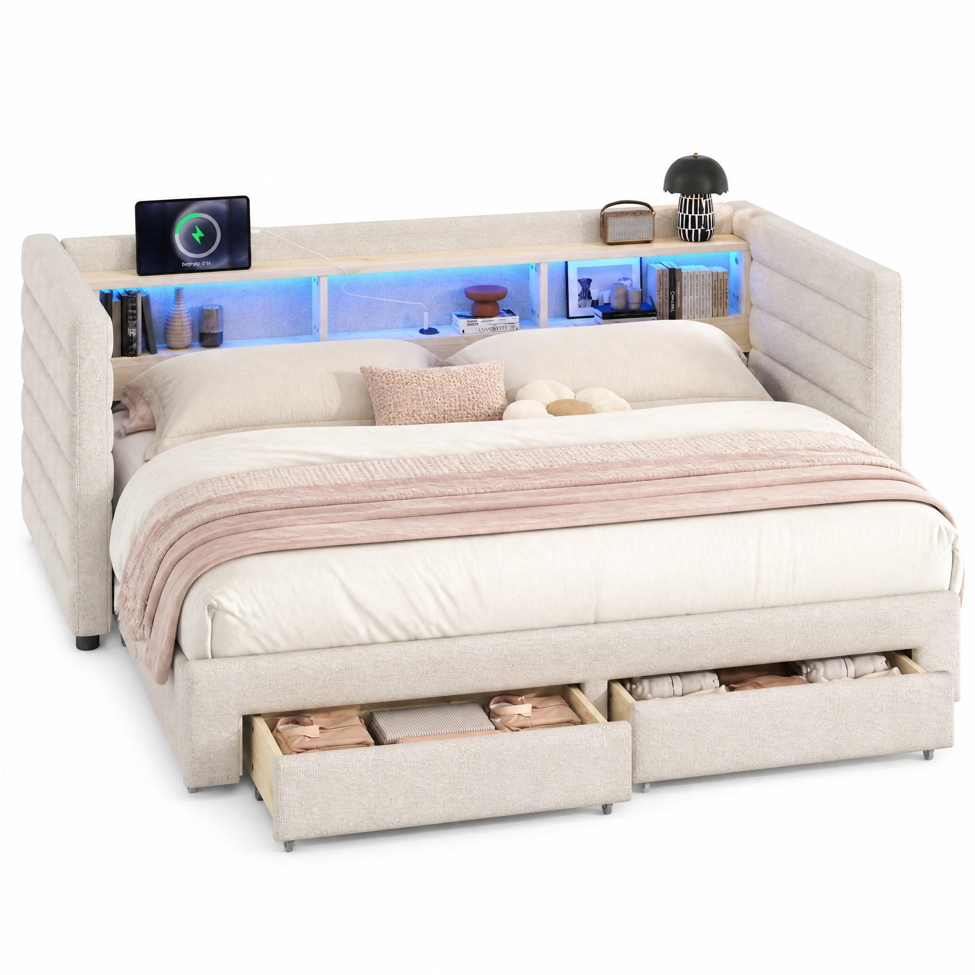 POLSTERBETT 90/190 mit Ausziehbett, LED, USB, Type-C und 2 Schubladen in Beige - Beige, Holzwerkstoff/Textil (90/190cm) - EVRYAE