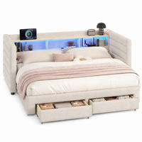 POLSTERBETT 90/190 mit Ausziehbett, LED, USB, Type-C und 2 Schubladen in Beige - Beige, Holzwerkstoff/Textil (90/190cm) - EVRYAE