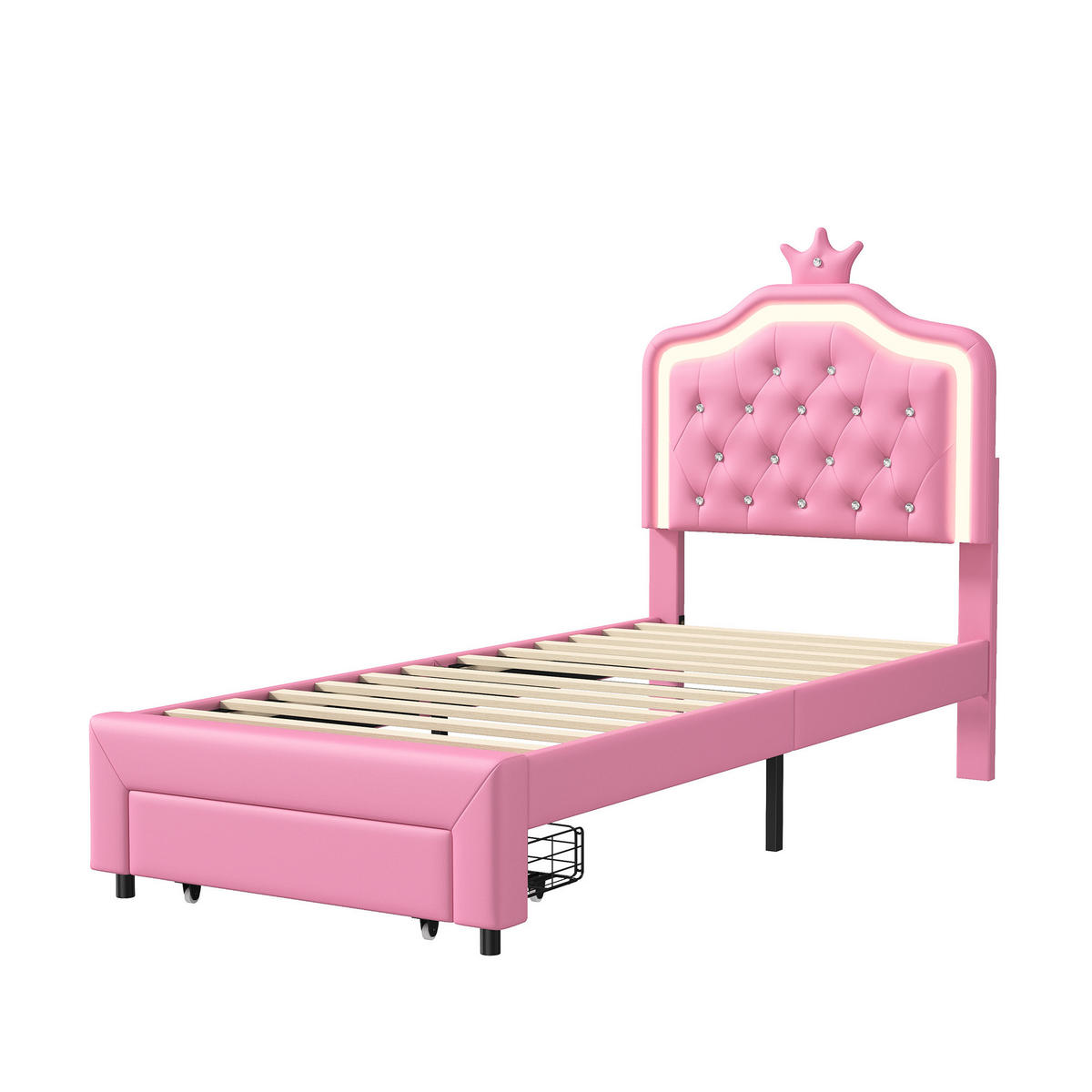 POLSTERBETT 90x200 cm, Rosa, mit LED-Leuchten & Schubladen - Rosa, Textil/Metall (90/200cm)