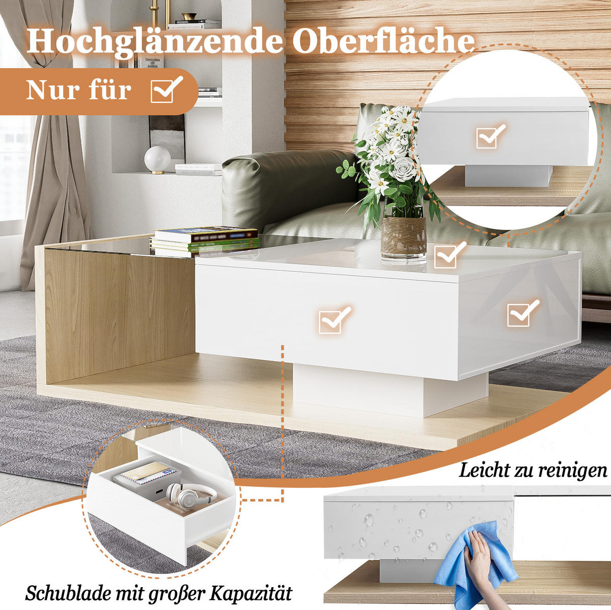 COUCHTISCH aus Spanplatte 105x55x32,5 cm in Natur mit LED-Beleuchtung - Naturfarben, Holzwerkstoff (105/55/32.5cm) - Modfu