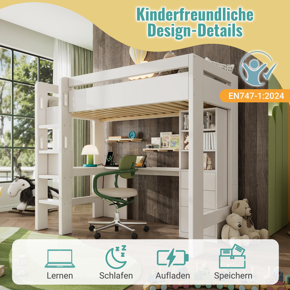 HOCHBETT 90/200 cm mit L-Schreibtisch, Regalen, Schubladen und USB/Type-C-Ladebereich, Weiß - Weiß, Holzwerkstoff (90/200cm) - Redom