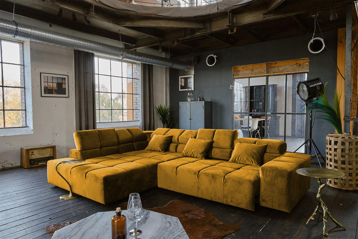 ECKSOFA MIT MOTORISCHEM SITZVORZUG NEVADA Gelb Velvet - Gelb/Schwarz, Textil (319/215cm) - KAWOLA