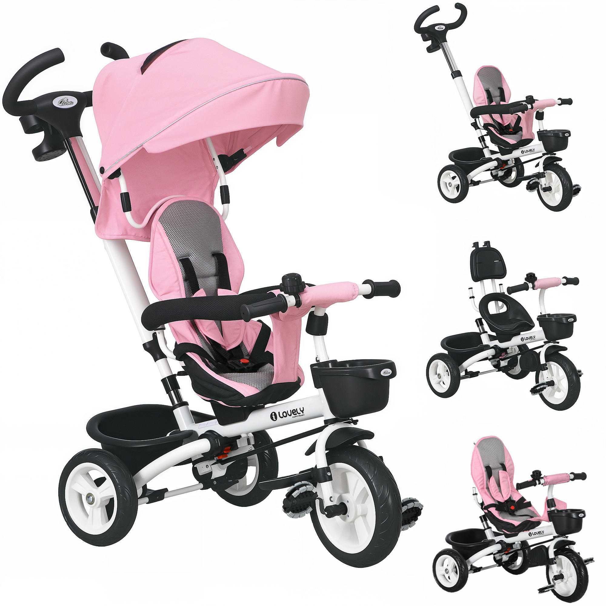 KINDERDREIRAD DE-10441 6-in-1 mit Schiebestange, Dach & Gurt Rosa - Pink, Metall (112/50/104cm) - ComfortXL