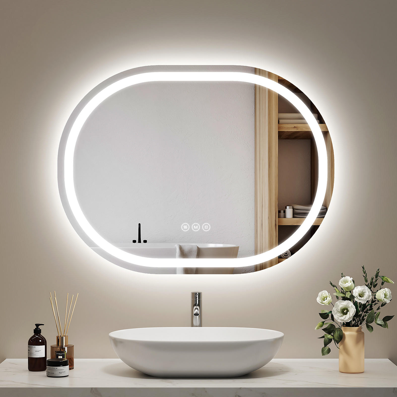 BADSPIEGEL ovale mit Beleuchtung mit Anti-Beschlag 80/60 cm - Weiß, Glas (60/2.5/80cm) - EMKE