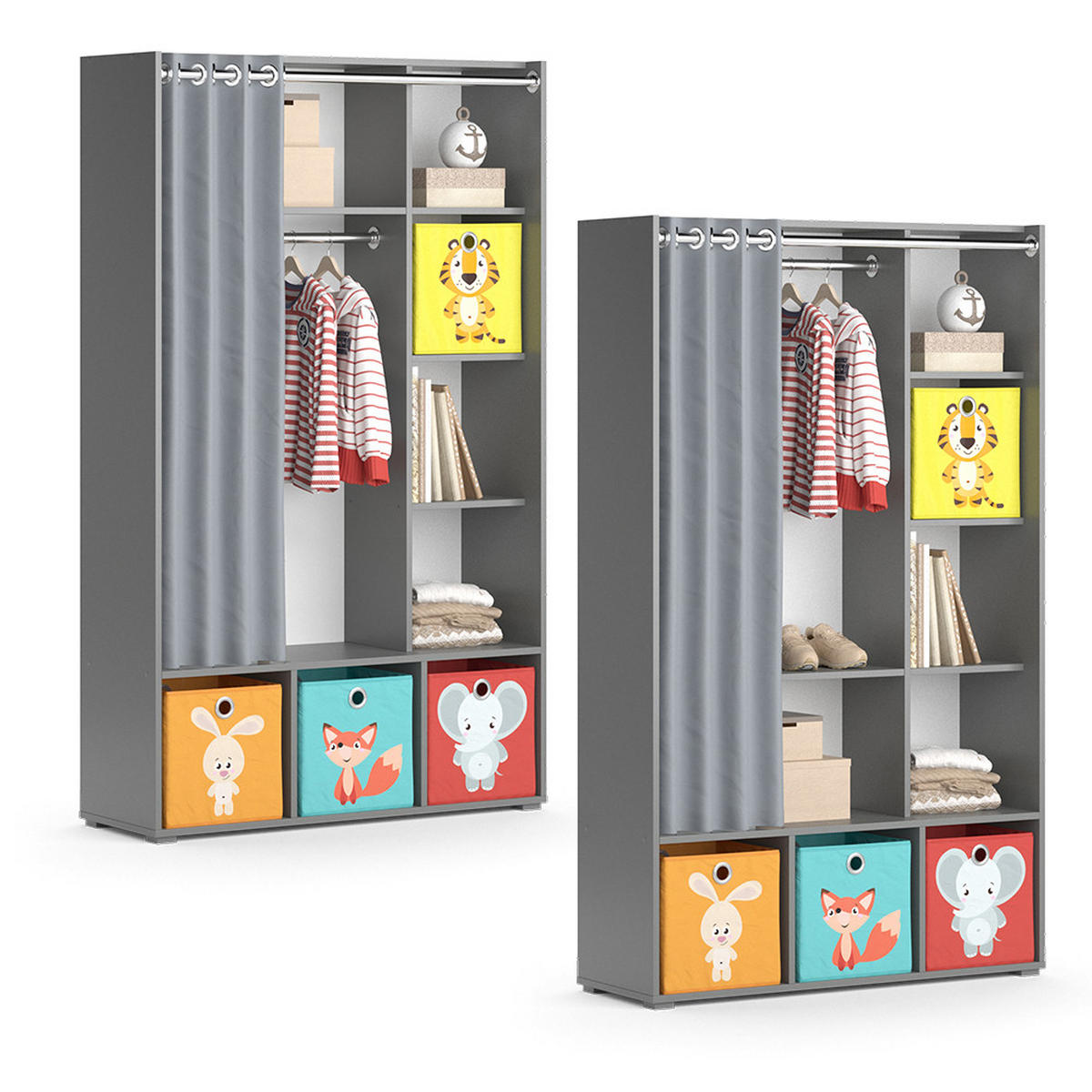 KINDERKLEIDERSCHRANK Luigi Grau 105.8 x 178.1 cm Mit Faltboxen (bunt) - Multicolor/Grau, Holzwerkstoff (105.8/178.1/38cm) - Vicco